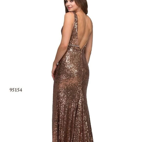 Abby Paris by Lucci Lu Long Sexy Bronze Sequin/rhinestone Deep V Gown Dress Sz 4 - Picture 4 of 14